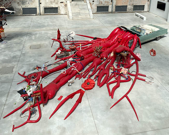 john bock's tentacle sculpture sprawls out of lincoln convertible at 'dream on' exhibition