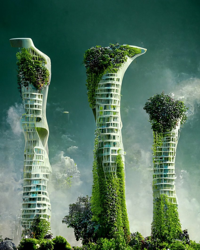 AI envisions futuristic sustainable city with biophilic skyscrapers