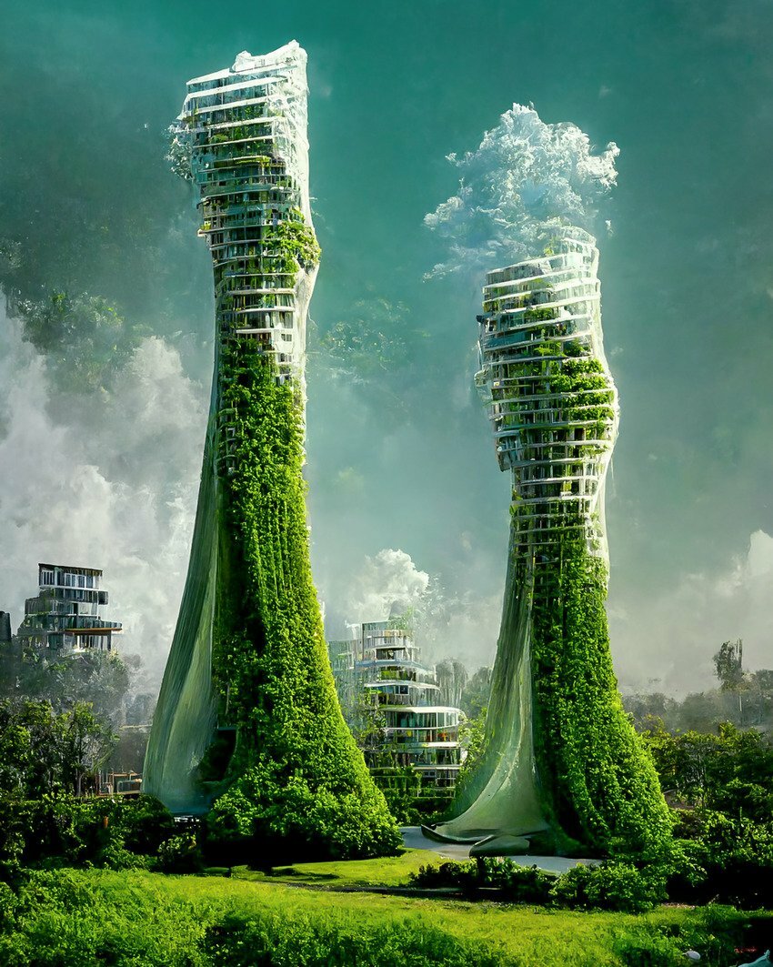 AI envisions futuristic sustainable city with biophilic skyscrapers