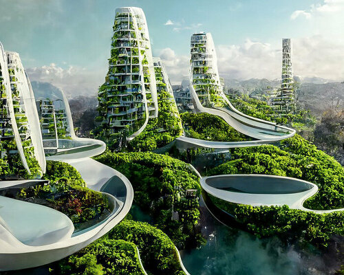 AI envisions a futuristic sustainable city with air-purifying biophilic skyscrapers