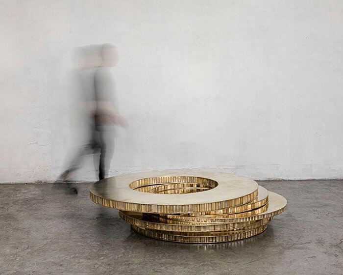 héctor esrawe renders aleatory textures of cardboard as a polished bronze coffee table