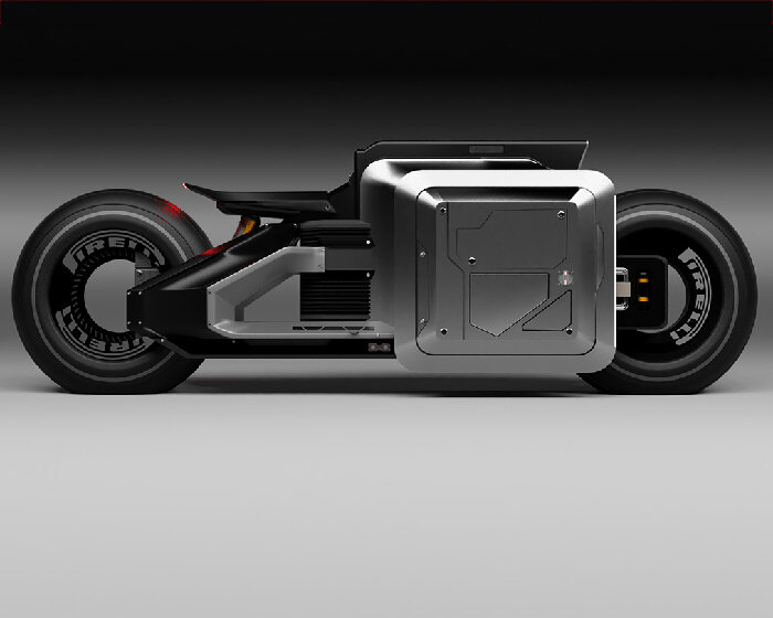 'hermes-X30' futuristic electric bobber sports geometric body and cyberpunk aesthetics