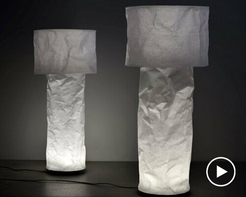 kazuhiro yamanaka’s crinkled paper and recycled polyester lamp fits inside a pizza box