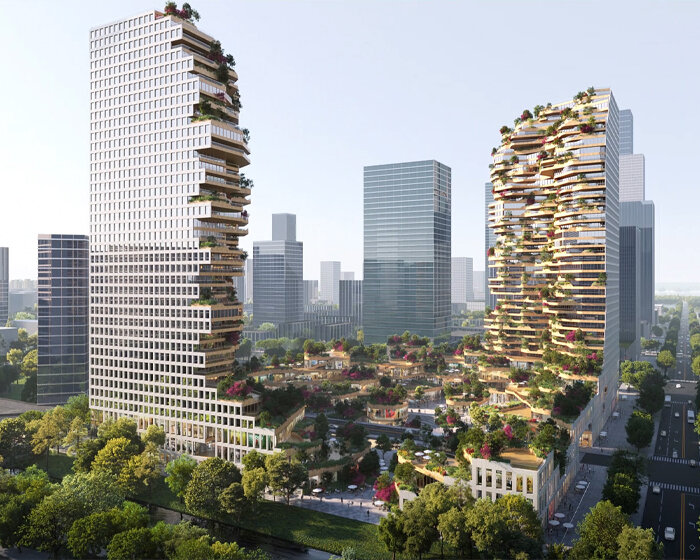 MVRDV envisions green oasis nestled between two L-shaped towers in nanjing, china