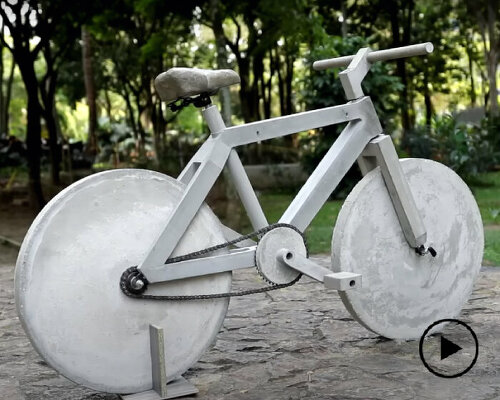 it took 2 months to construct this functional concrete bike from old bicycle parts