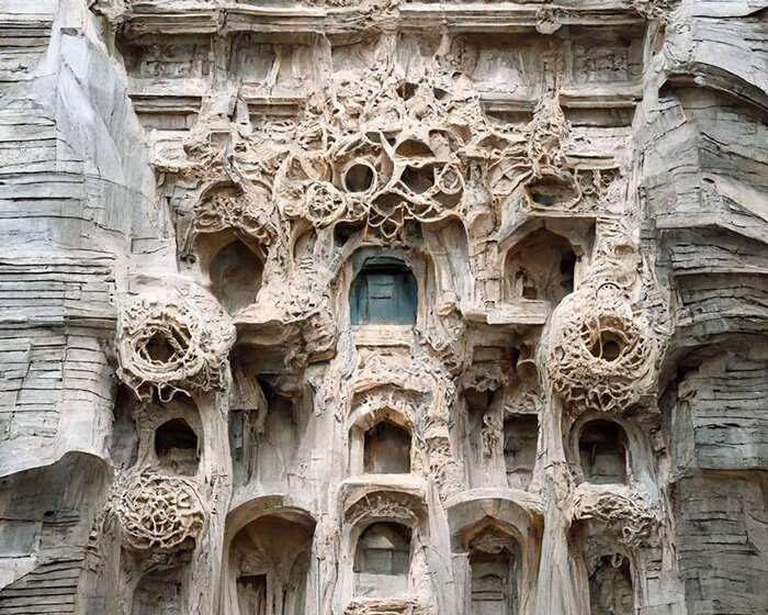 AI explorations of baroque architecture envision intricate façades made of silk and stone