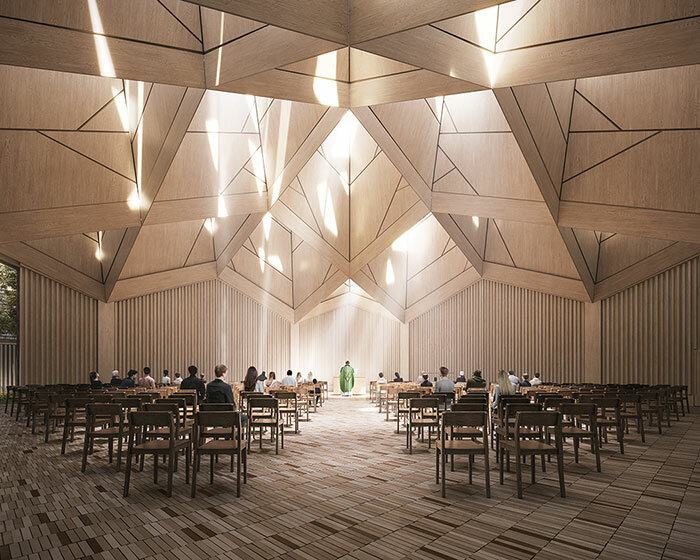 inverted roof diffuses light within henning larsen's wooden church in copenhagen