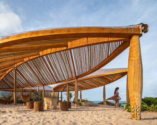 giant, leaf-shaped pergolas compose atelier daniel florez's beach pavilion in brazil