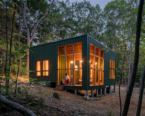 secluded forest cabin by scalar architecture hovers lightly above sloping terrain in connecticut