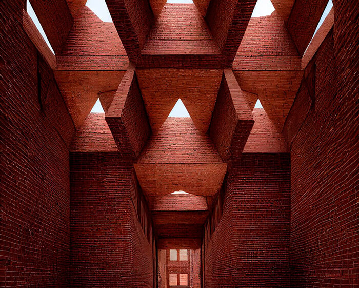 AI-generated brick structures explore sacredness through light and tensile geometry