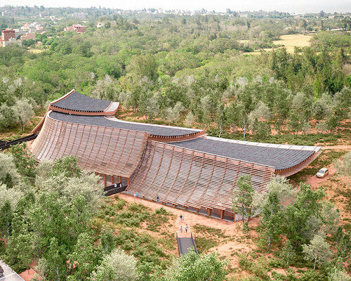 timber structure shapes cultural center buried in kinmen island's hill formation