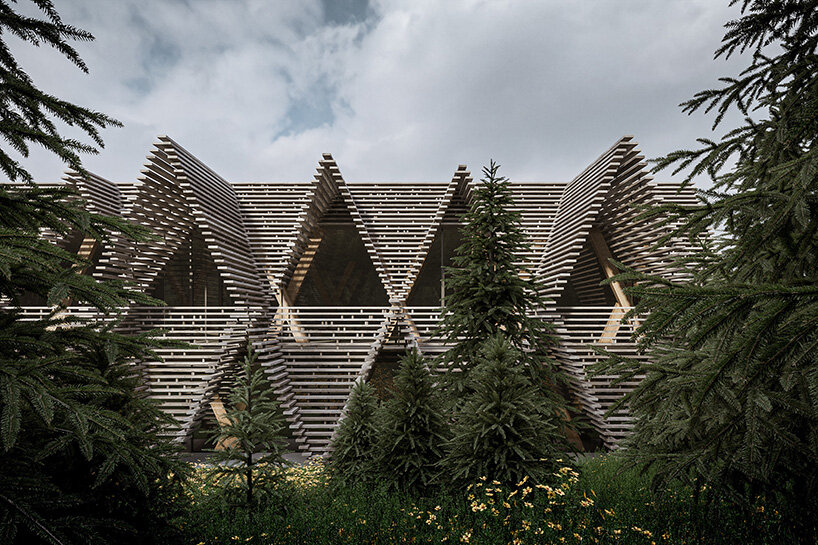 a stack of timber A-frames by enota extends slovenia's hotel natura