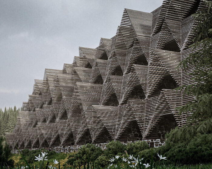 a stack of timber A-frames by enota architects to extend slovenia's hotel natura