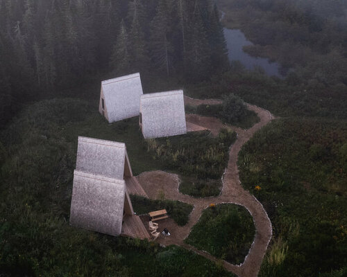 connected by a winding path, these A-frame micro cabins enliven the canadian woodland