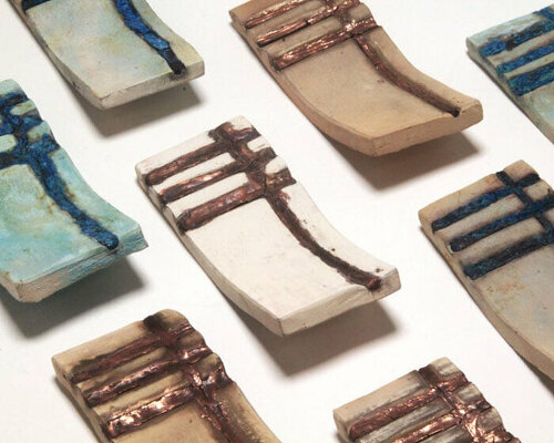 dyed ceramic tiles revalue the union of raw clay with metal through oxidization & corrosion