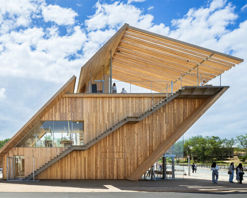 kengo kuma designs observatory/café in japan as a 'staircase to the sky'