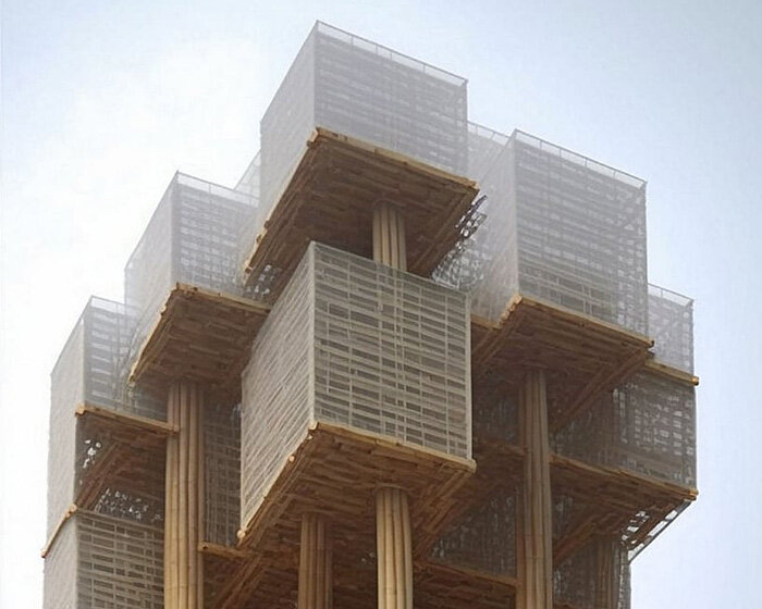 midjourney hybridizes urban skyscrapers with sustainable bamboo structural frames