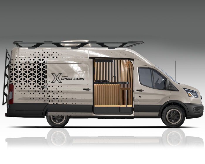 movable van office 'alpine cross cabin' recalls japanese minimalism with all-wood interior