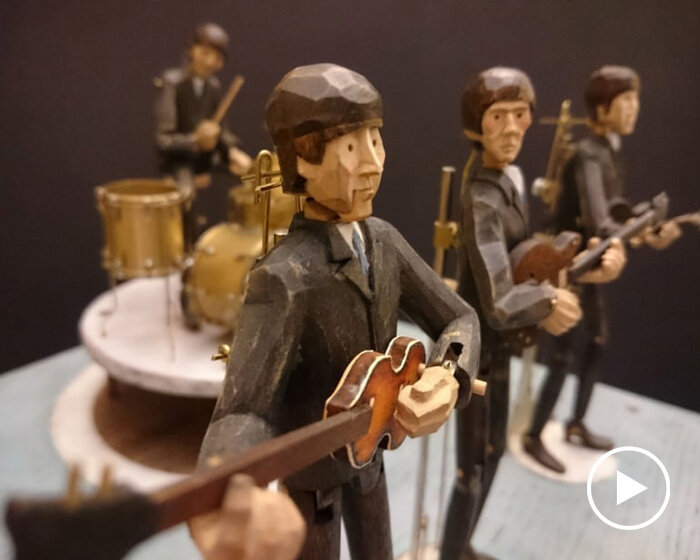 daniel bennan's hand-carved, automated figurines of the beatles strum & drum in harmony