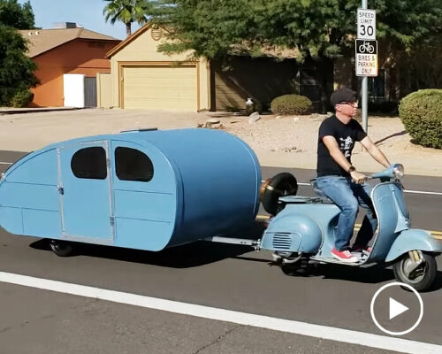 foam-made micro teardrop trailer for vintage vespa hides portable kitchen in trunk