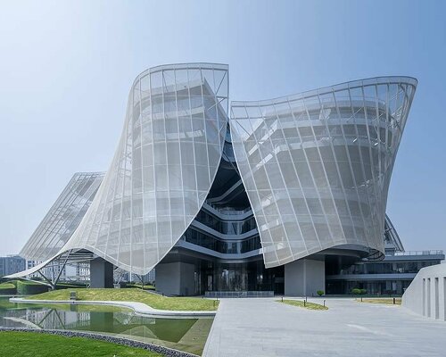 translucent veil drapes over MAD architects' xinhee design center in china