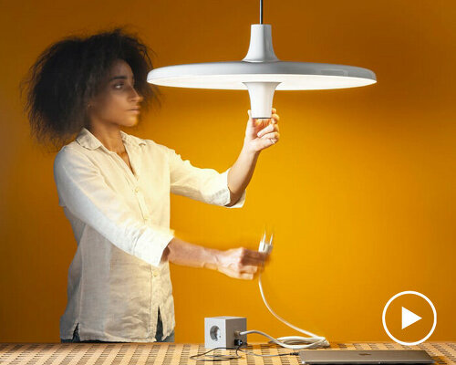 suspended avro pendant lamp is fitted with its own power socket for adaptable living