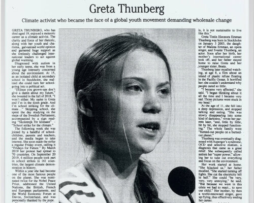 adam mcewen pens obituaries in memory of greta thunberg and dolly parton at gagosian