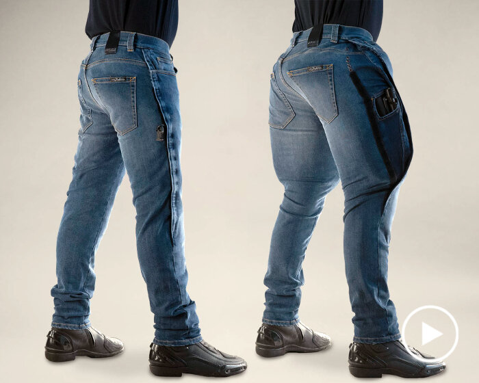 mo'cycle's airbag jeans inflate to protect the lower body from motorcycle accidents