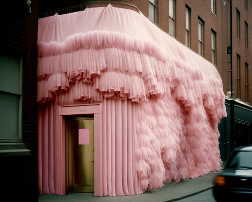 andrés reisinger's 'take over' reimagines major cities with fluffy, flossy, and fancy pink drapes