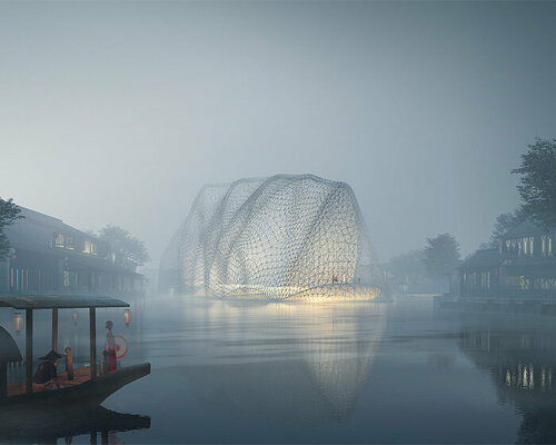 kazuyo sejima's floating design center appears like glass dome-enclosed island in china