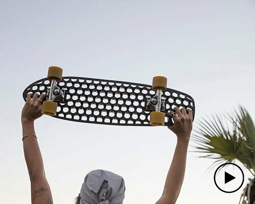 lander recycles discarded ocean fishing nets into quirky perforated skateboards