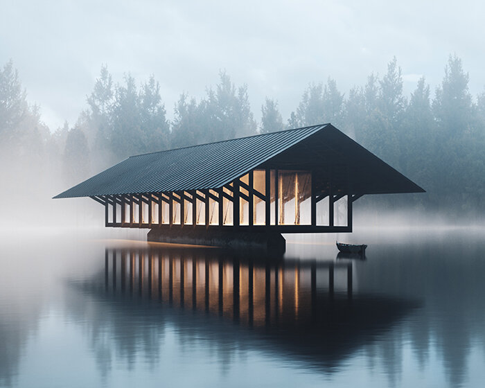 marc thorpe designs a serene upstate pavilion suspended over a crystal lake