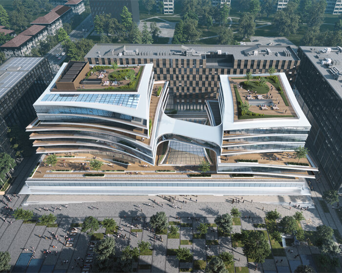 zaha hadid architects envisions business center in lithuania as cantilevering planes