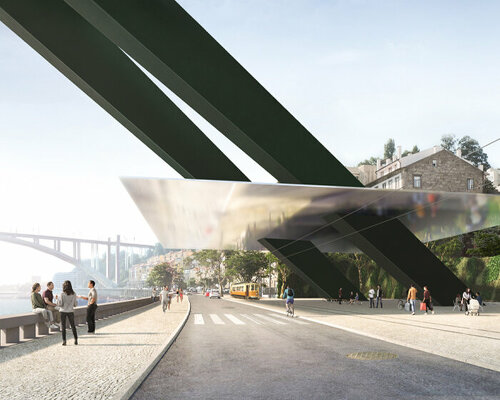 herzog & de meuron's reflective bridge proposal cuts through porto like a sharp blade