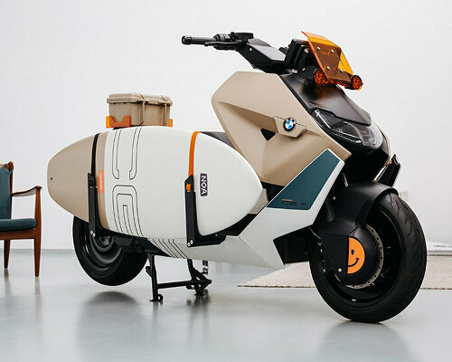 BMW CE 04 custom e-scooter comes with a surfboard rack and a smiley face