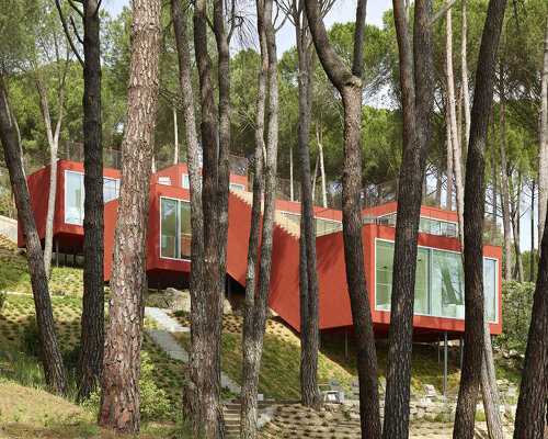 estudio entresitio's casa roja weaves down a forested hillside in rural spain