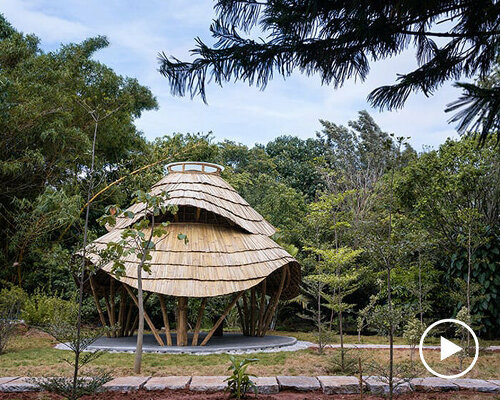 locally harvested bamboo & cane shape this sculptural meditation gazebo in tamil nadu, india