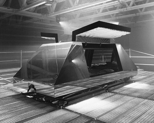 moncler and rick owens’ monolithic steel sleeping chamber drowns out external noises