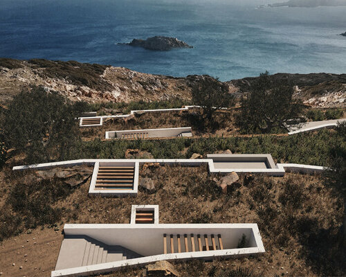 A&M architects visualizes three linear villas semi-buried in the greek island of karpathos