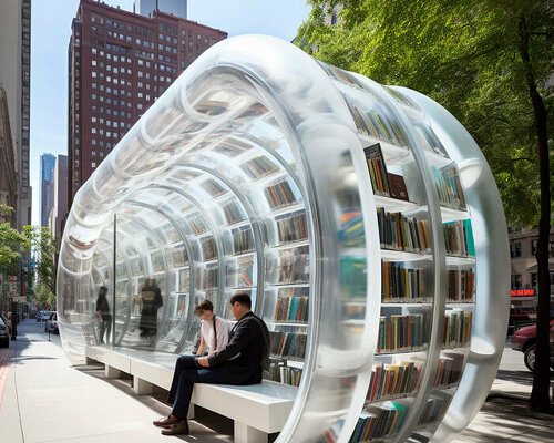 inflatable bus stops double as cozy reading nooks in the city in ulises’ midjourney series