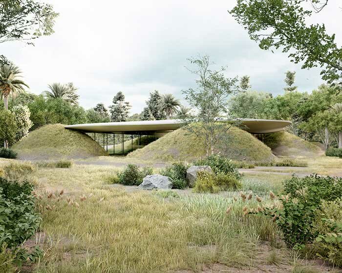 organic roofs top green hillocks in mexico city forest to form zero-waste pavilions