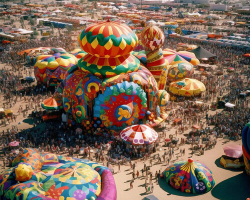 roger wilson imagines inflatable monuments and whimsical canopies enlivening coachella