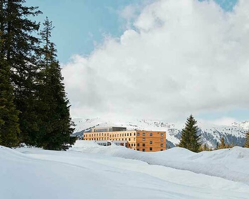 interwoven larch wood slabs wrap around youth hostel in the austrian alps