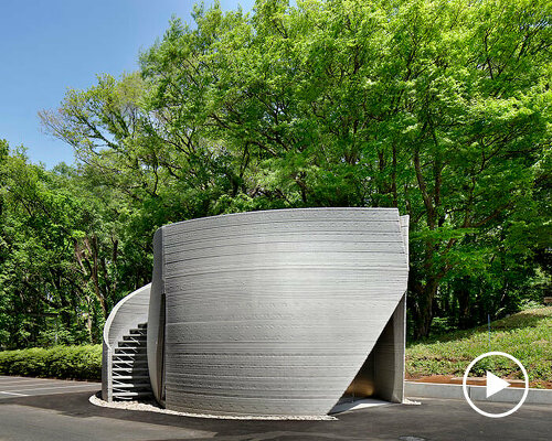 spiral staircase wraps around the sculptural 3D-printed body of 3dpod in tokyo