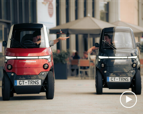 electric microcar retracts wheels to easily park and ride in narrow spaces like a motorcycle