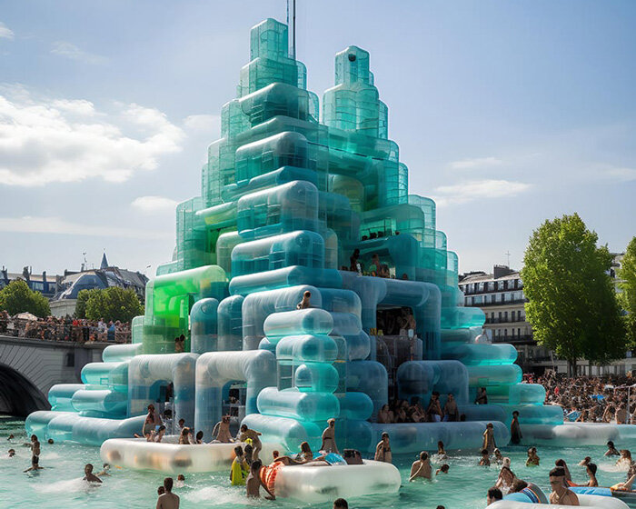 floating fantasies inflates bustling social spaces amid the river seine using midjourney