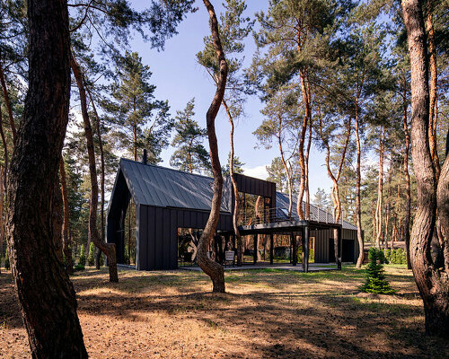 dark metal and wood cladding wraps gabled 'house among the pines' in ukraine