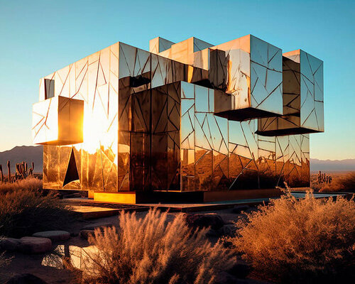 mirrored houses reflect fragmented light, shadows, and views of the lanzarote lava desert