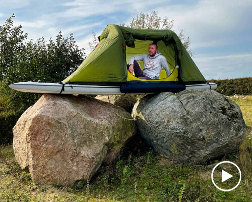 stand-up paddleboard with tent invites travelers to camp on boulders, lakes, and car's roof