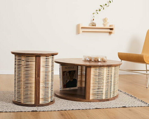 nadav caspi weaves natural wicker through walnut wood frames for table collection